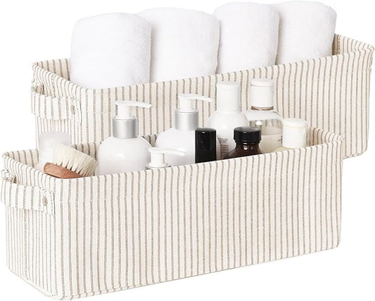 StorageWorks Narrow Storage Bins, Small Basket for Closet and Shelves, Fabric Organizer with Handles, Toilet Paper Storage, Khaki and Beige Stripes, 2-Pack