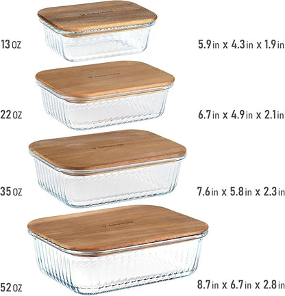 Set of 4 Stackable Space-Saving Nesting Glass Bowls with Airtight Acacia Lids for Lunch, Meal & Food Prep - Microwave & Oven-ready BPA Free Durable Heat Resistant Inert Borosilicate Glass
