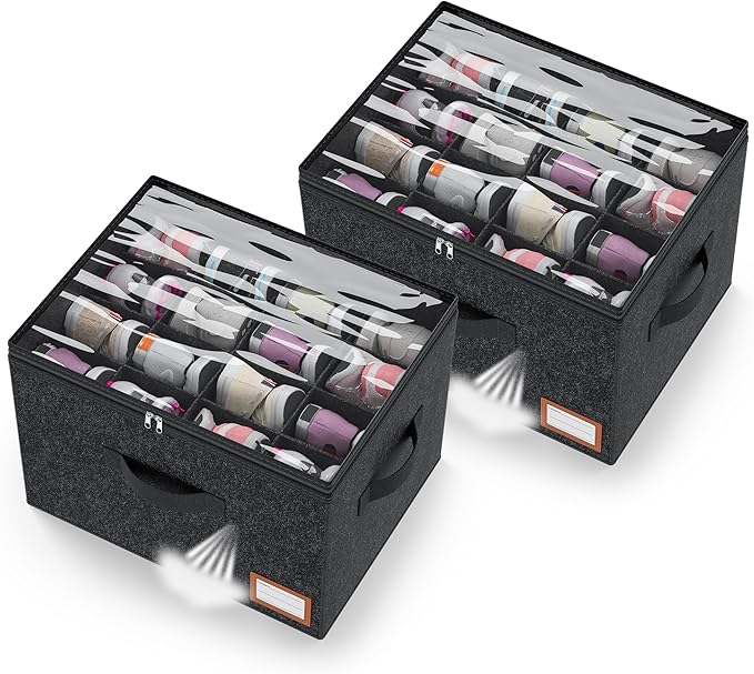 Adjustable Storage Bins for Closet, Wardrobe Clothes Organizer, Shoe Bin, Shoe Organizer, Toys, Closet Storage Solution with Clear Window (Felt Black 32Pairs, 32Pairs)