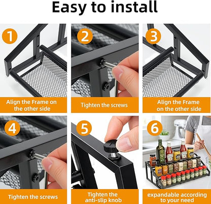 3 Tier Expandable Spice Rack Organizer for Kitchen，13.7"-23.6" Expandable Spice Organization Shelf,Metal Pantry Storage Shelves Racks,Space Saving for for Pantry, Counter top (Patent Pending)