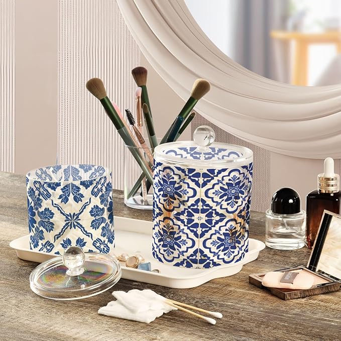 2 Pack Qtip Dispenser Apothecary Jars with Lids Cotton Round Holder Bathroom Canisters for Cotton Swab Floss Ball Pads Clear Plastic Decorative Floral Blue and White Tile