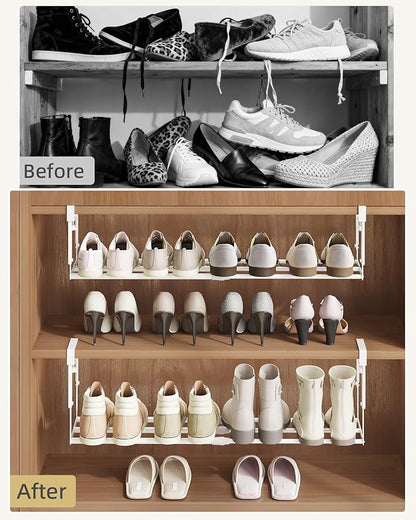 2 Pack Expandable Shoe Rack Organizer for Cabinet, Adjustable Hanging Under Shelf Storage, Sturdy Round Tube Design, Space Saving Shoe Shelf for Closet, Entryway, Laundry Room, White
