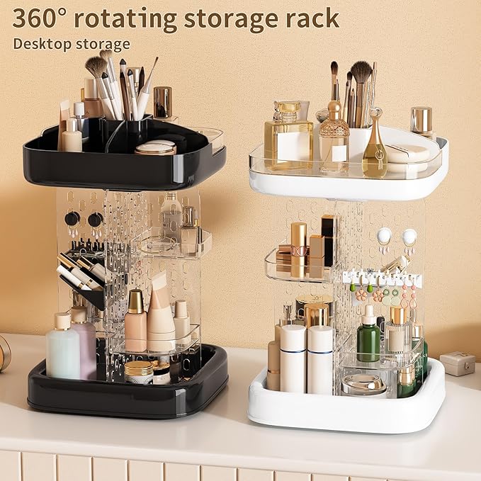 360 Rotating Make up Organizer for Vanity & Countertop, Clear Adjustable Height Tiered Cosmetic and Skincare Storage, Spinning Perfume and Makeup Holder, Jewelry Accessories Desktop Organizer, Black