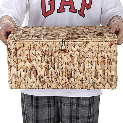Hipiwe Wicker Storage Basket Bins with Lid, Large Water Hyacinth Baskets Box Rectangular Decorative Shelf Baskets Bin with Handles Handwoven Household Basket Boxes for Shelf Home Organizing