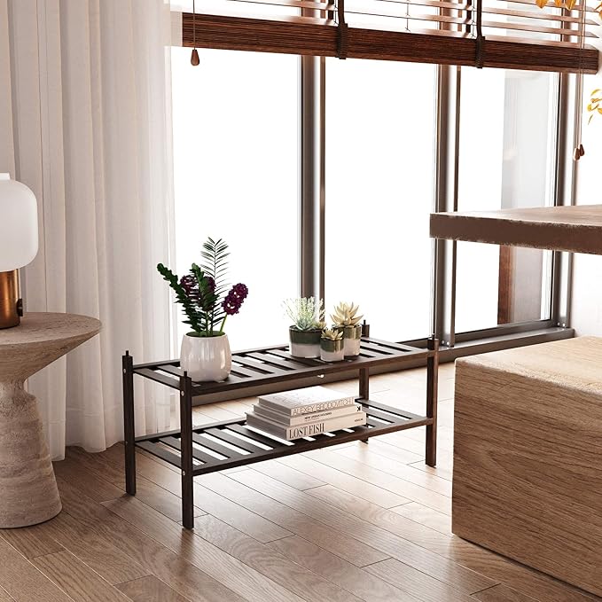 Dranixly Bamboo 2-Tier Shoe Rack Stackable Shelf Storage Organizer for Entryway, Hallway and Closet, 27.2"x11"x13.2" (Mocha)