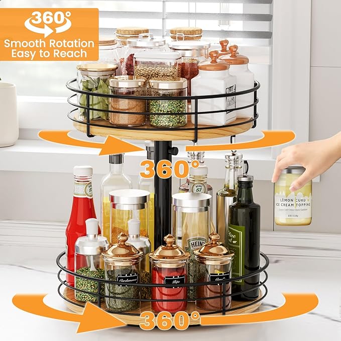 Lazy Susan Spice Rack Organizer Turntable Height Adjustable, 12 Inch Wood Lazy Susan 2 Tier, Rotating Spice Rack Organizer for Cabinet Dining Table Top Kitchen Bathroom Countertop Black