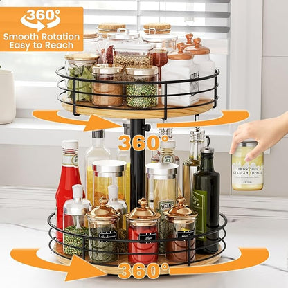 Lazy Susan Spice Rack Organizer Turntable Height Adjustable, 12 Inch Wood Lazy Susan 2 Tier, Rotating Spice Rack Organizer for Cabinet Dining Table Top Kitchen Bathroom Countertop Black