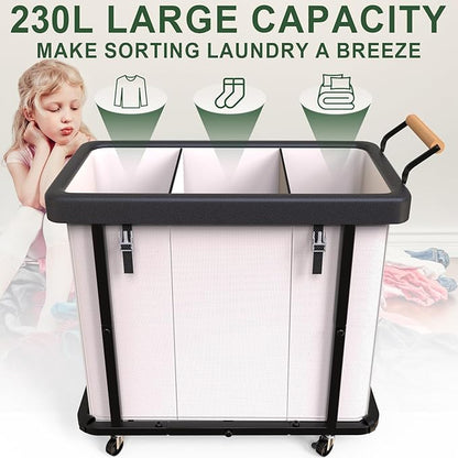 230L (60 Gal) Extra Large Fashion Laundry Sorter 3 Section with Lid, Rolling Laundry Basket Hamper with Handle, Laundry Organizer Storage Cart with Sturdy Metal Frame for Laundry Room, Hotel, White