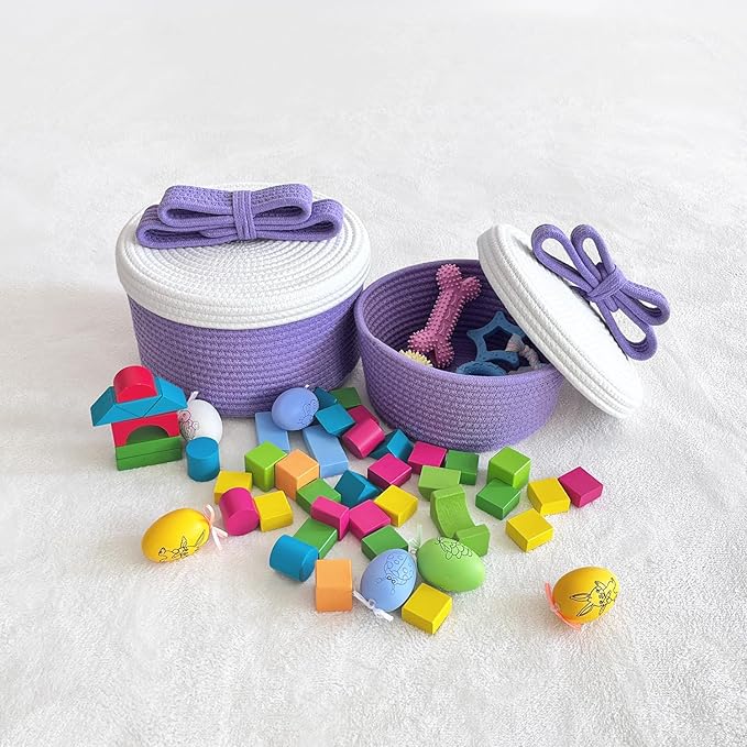 Small Storage Baskets with Lids, Round Woven Rope Basket with Lid, Cute Storage Box for Small Toy, Gift or Home Decor, Decorative Basket with Cute Bow Handle (Lavender)