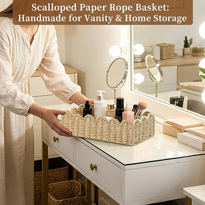 Upgraded Scalloped Wicker Toilet Paper Storage Basket, Handwoven Paper Rope Organizer for Toilet Tank & Shelves, Living Room, Bedroom & Entryway, Decorative Woven Bin, Beige L