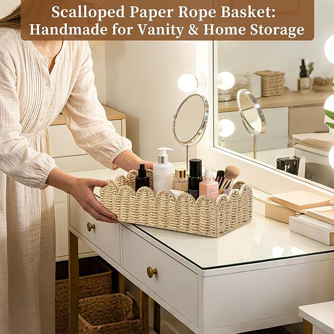 Scalloped Wicker Toilet Paper Storage Basket, Handwoven Paper Rope Basket Organizer for Toilet Tank & Shelves, Decorative Woven Storage Bin for Living Room, Bedroom & Coffee Table,Beige M