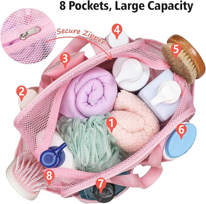 F-color Mesh Shower Caddy Portable with Zipper - Upgrade Deeper 7 Pockets Dorm Room Essentials for Guys Girls with S Hook, Shower Bag Basket Tote for College Camping Toiletry Bathroom, Pink
