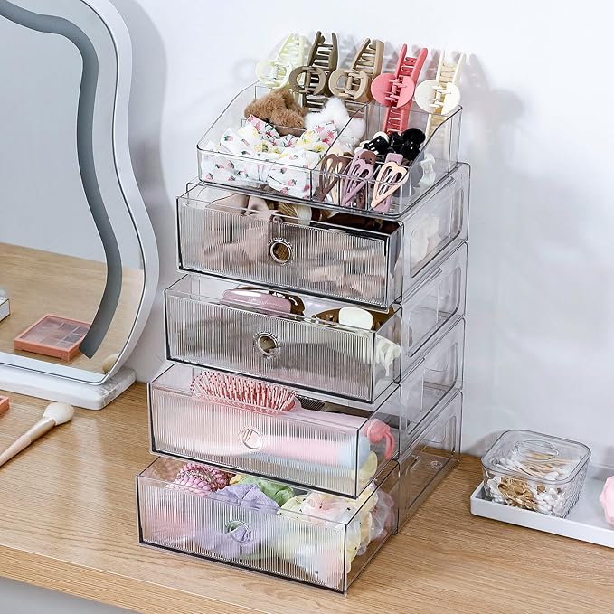 5-Tiers Makeup Organizer with Drawer for Vanity, Stackable Bathroom Storage Box for Beauty Essentials, Skincare Products, Cosmetic Brushes, Perfume Stand, Clear Lipsticks Holder