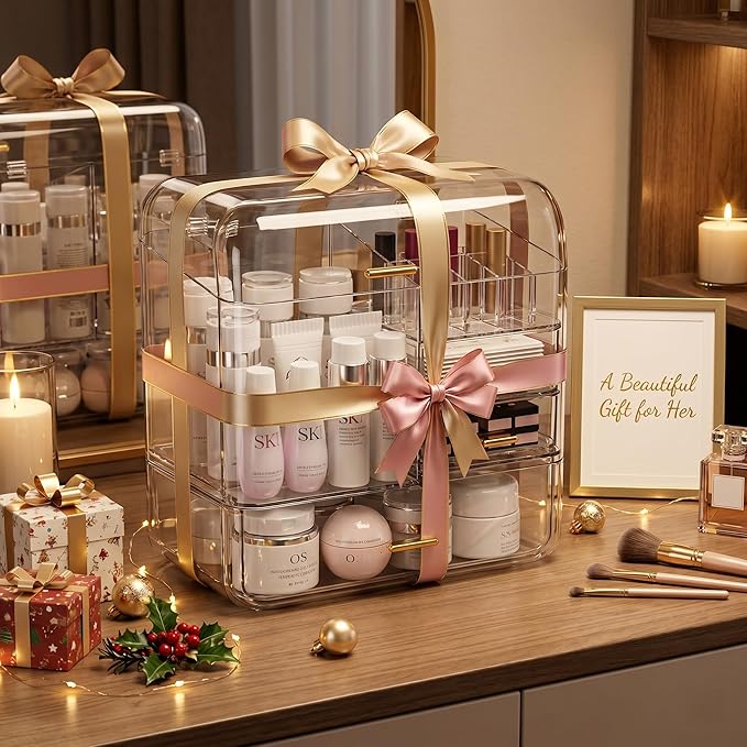 Luxury Makeup Organizer with 3 Drawers & Dustproof Flip Lid, Large Capacity Cosmetic Display Case for Vanity, Clear Countertop Skincare Storage with 6 Lipstick Slots