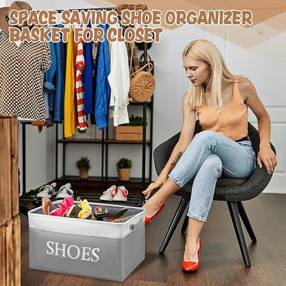 CIEOVO 2 Pack Storage Basket for Shoe Organizer Flodable Space-Saving Storage Bin Decorative Basket Shoe Storage Bin Organizer for Hallway Entryway Home Decor Living Room