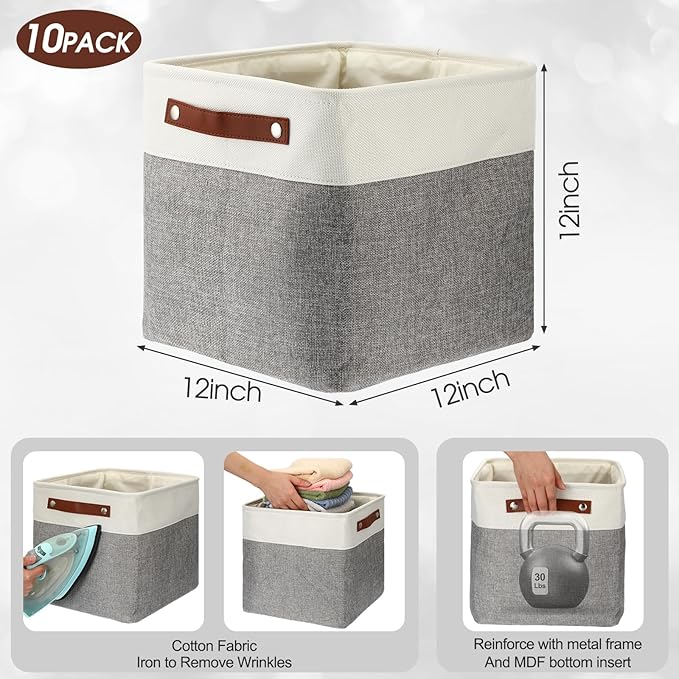 Uiifan 10 Pcs Collapsible Storage Bins Fabric Foldable Storage Basket with Handles Cloth Organizer Linen Shelf Baskets for Shelves Home Closet Nursery Toys(12 x 12 x 12 Inch,Gray and White)