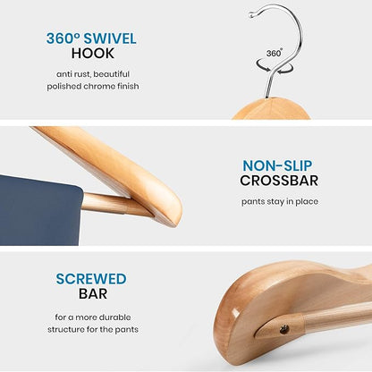 ZOBER 6 Pack High-Grade Wooden Suit Hangers for Men, Wide Shoulder Hangers with Non Slip Pants Bar, Smooth Finish, Holds Upto 20lbs, 360° Swivel Hook, Jacket Hanger, Heavy Duty Wide Hanger for Closet