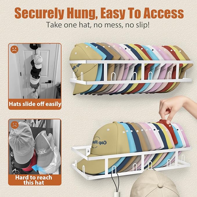 White Metal Wall Mounted Hat Racks for Baseball Caps, 2-Pack Sturdy Hat Organizer Holds 60+ Caps, Wall & Closet Display Storage Holder