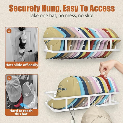 White Metal Wall Mounted Hat Racks for Baseball Caps, 2-Pack Sturdy Hat Organizer Holds 60+ Caps, Wall & Closet Display Storage Holder