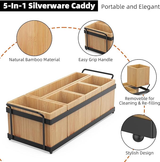 Silverware Holder for Party, Utensil Caddy with 5 Removable Bins, Bamboo Holder for Organize Plastic Silverware, 7" to 10" Paper Plates, Napkins