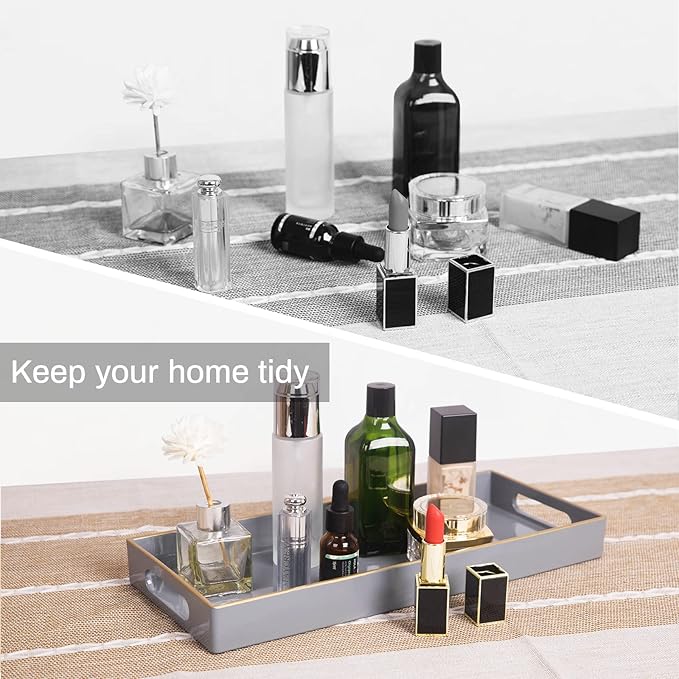 MAONAME Gray Bathroom Tray, Plastic Vanity Tray, Long Narrow Countertop Trays with Handles, Perfume Organizer Trays for Dresser, Bathroom Accessories, 13.8" x 6" x 1.57"