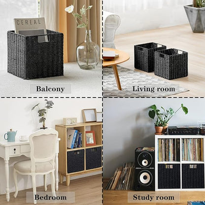 Vagusicc Wicker Storage Basket, Set of 2 Hand-Woven Wicker Basket, Foldable Cube Storage Bin, Black Storage Basket, Square Storage Baskets for Organizing Shelves & Decor, Black (11″×11″×11″)