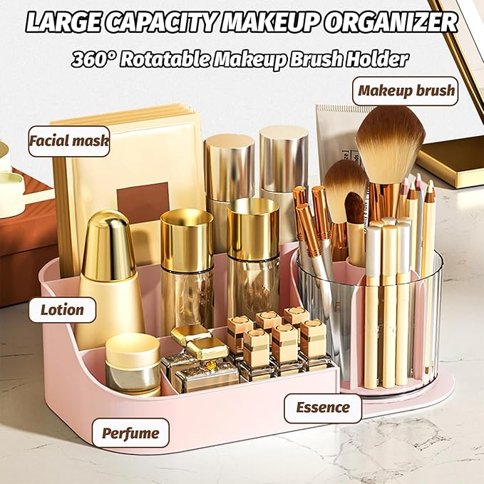 DASITON Large Capacity Makeup Organizer with 360° Rotating Makeup Brush Holder, Perfume and Skincare Storage Organizers for Vanity Bathroom Countertop, Cosmetic Display Case (Pink, 1 Tier)