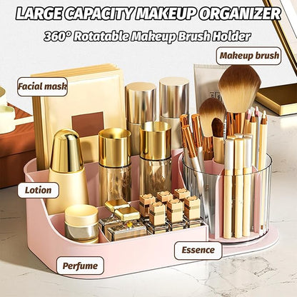 DASITON Large Capacity Makeup Organizer with 360° Rotating Makeup Brush Holder, Perfume and Skincare Storage Organizers for Vanity Bathroom Countertop, Cosmetic Display Case (Pink, 1 Tier)