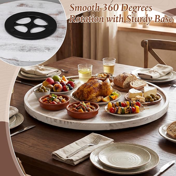 20'' Wood Lazy Susan for Countertop Acacia Large Turntable Rotating Serving Tray for Table Top Non Skid Kitchen Tray Revolving Condiment Spice Rack Table Organization Storage, White