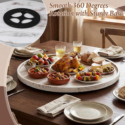20'' Wood Lazy Susan for Countertop Acacia Large Turntable Rotating Serving Tray for Table Top Non Skid Kitchen Tray Revolving Condiment Spice Rack Table Organization Storage, White