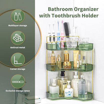 NATURE'S SOURCE Makeup Organizer for Vanity, 3-Tier Corner Bathroom Organizer Countertop with Makeup Brush Holder, Corner Counter Storage for Bathroom Dresser- Green