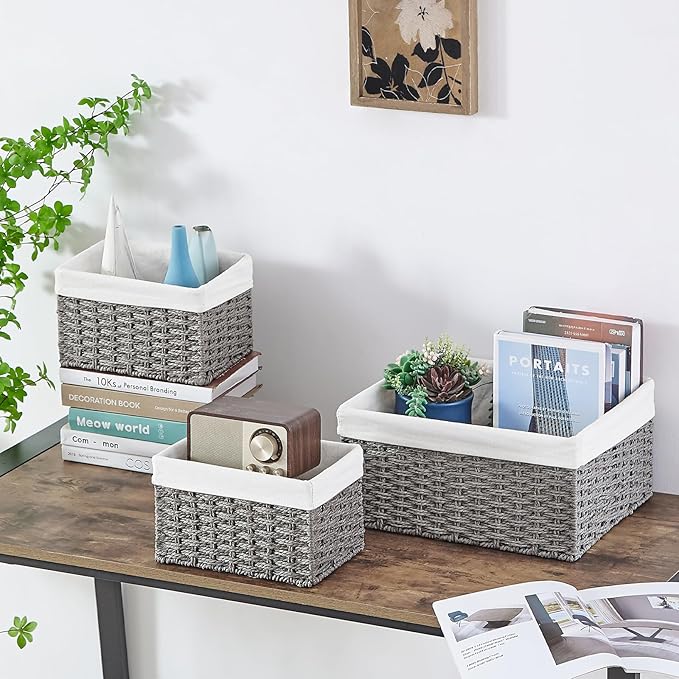 Vagusicc Wicker Basket, Set of 3 Hand-woven Storage Baskets for Organizing, Decorative Rectangle Wicker Storage Basket Bins with Handles, Small Toilet Paper Storage Baskets for Shelves & Decor, Grey