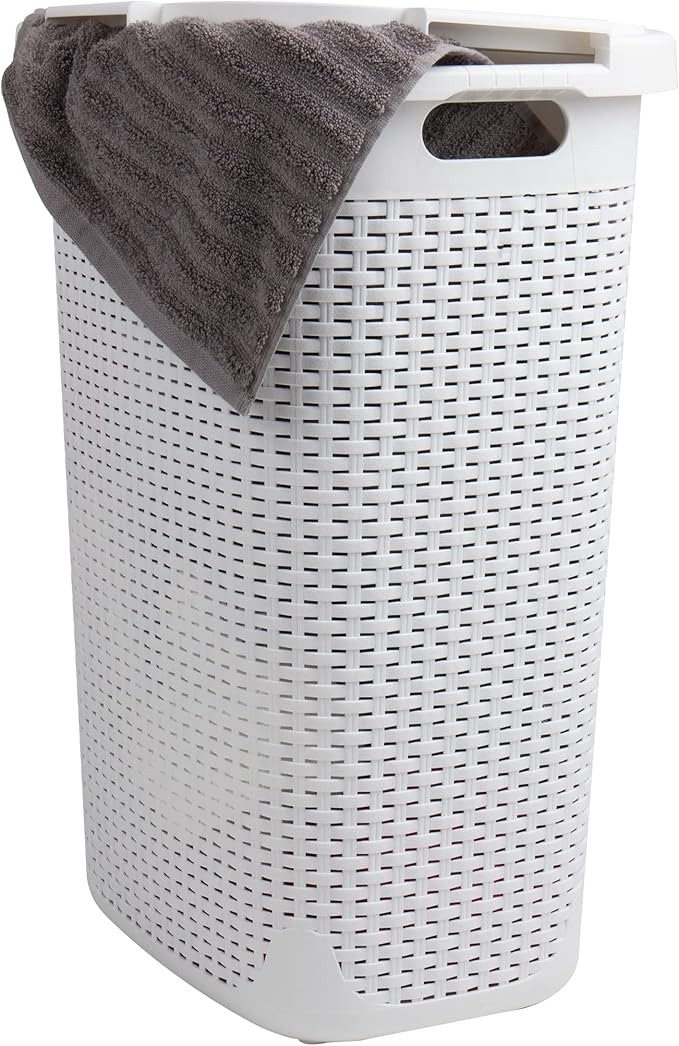 Mind Reader Slim Laundry Hamper with Lid, 60L Tall Clothes Basket, Narrow Tapered Design for Bathrooms, Closets and Laundry Rooms, Plastic, White