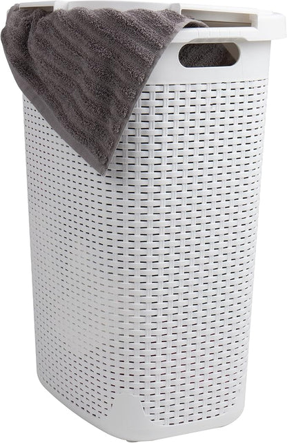 Mind Reader Slim Laundry Hamper with Lid, 60L Tall Clothes Basket, Narrow Tapered Design for Bathrooms, Closets and Laundry Rooms, Plastic, White