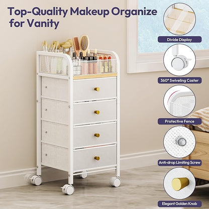 SWTYMIKI Rolling Makeup Organizer Cart - Under Desk Vanity Makeup Storage with 4 Non-woven Drawers, Nail Cart Organizer Cosmetic Display Cases Cabinet for Skin Care Perfume Nail Polish Brush Hair Tool