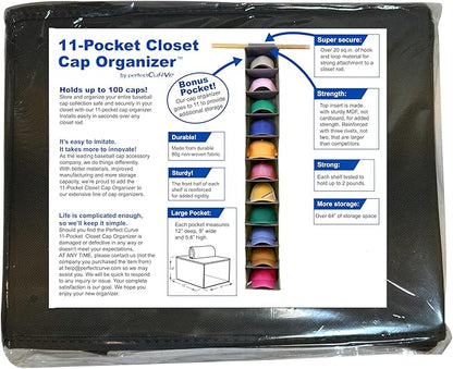 Perfect Curve 11-Pocket Hanging Baseball Hat Organizer - Gray Hat Storage Rack for Closet, Holds Up to 100 Caps. Also store shoes or sneakers or towels. Multiple uses.