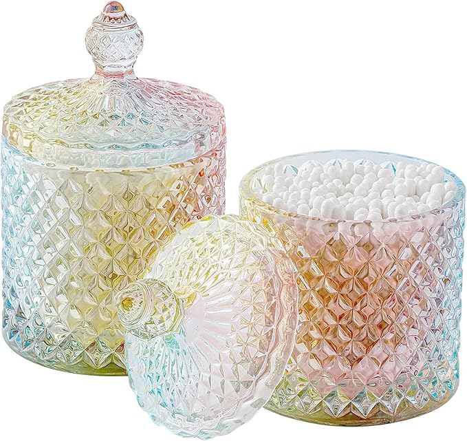 rejomiik Qtip Holder Glass Apothecary Jars with Lid Bathroom Accessories Vanity Organizers and Makeup Storage for Cotton Swabs, Makeup Sponges, Bath Salts, Canister Dispenser, 2 Pack Rainbow