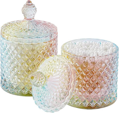rejomiik Qtip Holder Glass Apothecary Jars with Lid Bathroom Accessories Vanity Organizers and Makeup Storage for Cotton Swabs, Makeup Sponges, Bath Salts, Canister Dispenser, 2 Pack Rainbow