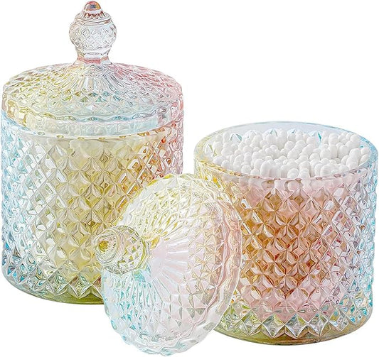 rejomiik Qtip Holder Glass Apothecary Jars with Lid Bathroom Accessories Vanity Organizers and Makeup Storage for Cotton Swabs, Makeup Sponges, Bath Salts, Canister Dispenser, 2 Pack Rainbow