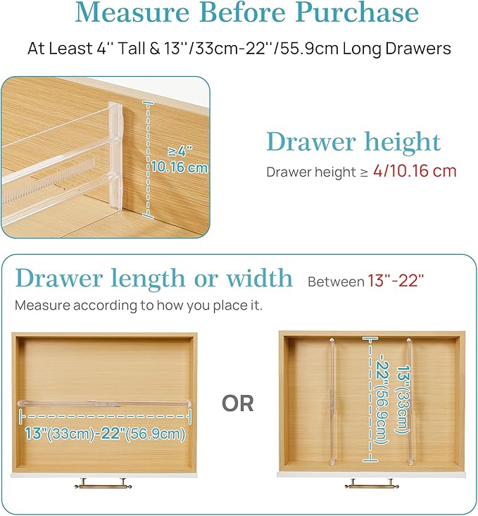 Vtopmart 8 Pack Drawer Dividers for Clothes, 4" High 13"-22" Adjustable Expandable Dresser Drawer Organizer, Clear Plastic Separators for Dresser, Baby Clothing, Underwear, Cosmetic, Toiletries
