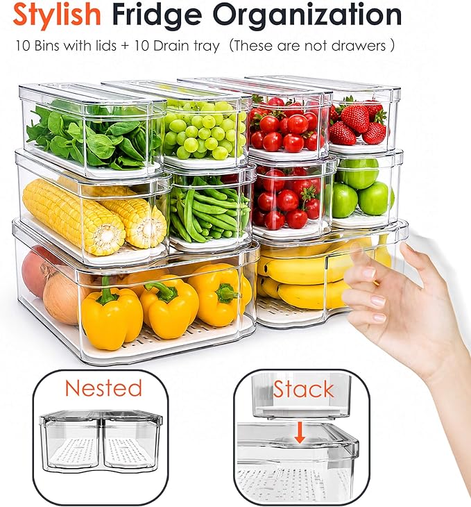 SMRCAD Fridge Organizers and Storage, 10 Pack Clear Organizer Bins with Lids for Kitchen, Pantry, Refrigerator, Food, Fruit, Vegetable Storage