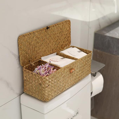 Seagrass Toilet Tank Basket with Lid Bathroom Toilet Paper Storage Baskets with 3 Sections for Organizing (16.5 x 5.5 x 5.5 inch)