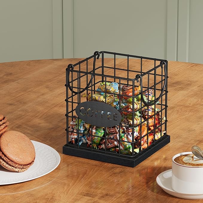 YINMIT K Cup Holder Organizer, Sturdy Coffee Pod Holder Organizer, 35 Kcup Large Capacity Storage Basket for Kitchen Counter and Office Desktop (Black-Square with Handle)
