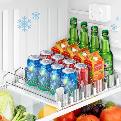 Upgraded Drink Organizer for Fridge, Space-Saving Fridge Drink Organizer, Automatic Pusher Glide and Adjustable Width Drink Dispenser for Fridge - Holds Up to 20 Cans (5 Rows White)