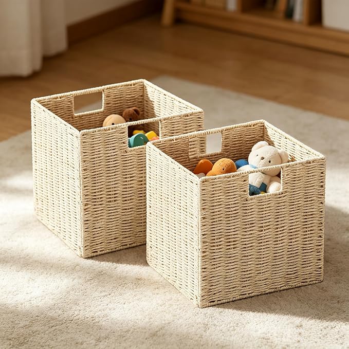 Vagusicc Wicker Storage Basket, Set of 2 Hand-Woven Paper Rope Storage Baskets, Foldable Cube Storage Organizer Bins, 11 Inch Wicker Storage Baskets for Shelves and Decor, Square Storage Basket, Beige