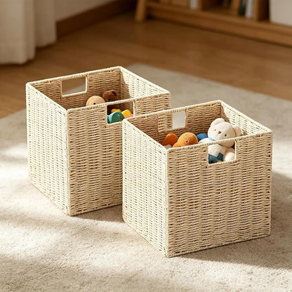 Vagusicc Wicker Storage Basket, Set of 2 Hand-Woven Paper Rope Storage Baskets, Foldable Cube Storage Organizer Bins, 11 Inch Wicker Storage Baskets for Shelves and Decor, Square Storage Basket, Beige