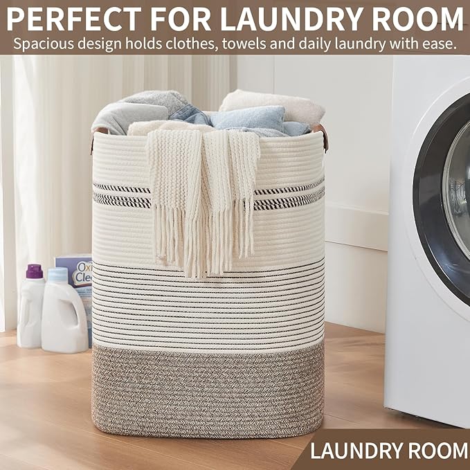 AINUOQI Laundry Hamper - Tall Woven Rope Laundry Basket - Clothes hamper with Leather Handles, 17" X 13.8" X 22", Blanket Storage Basket for Living Room, Rice Brown & White