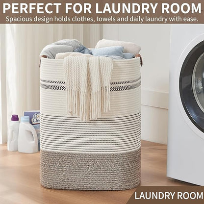 AINUOQI Laundry Hamper - Tall Woven Rope Laundry Basket - Clothes hamper with Leather Handles, 17" X 13.8" X 22", Blanket Storage Basket for Living Room, Rice Brown & White