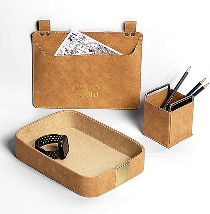 Luxury PU Leather Tray, Stylish and Durable Catch-All Organizer for Desk, Vanity, Nightstand, and Kitchen. Decorative, Non-Slip, Perfect for Jewelry Watch Keys Wallet Coins Cell Phones