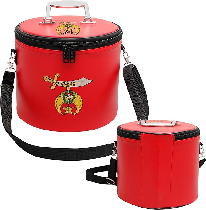 Machine Embroidered Shriner Fez Case – Deluxe Masonic Fez Cap Storage Box with Strap, Imitation Leather Gifts, Display Box for Masonic Fez Hats (Red)